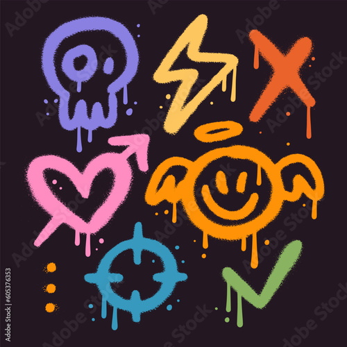 Set of colorful graffiti spray simple elemets set. Collection of symbols, heart, cross, thunder, angel, skull, check mark, sight with spray texture. Vector signs for banner, decoration, street art