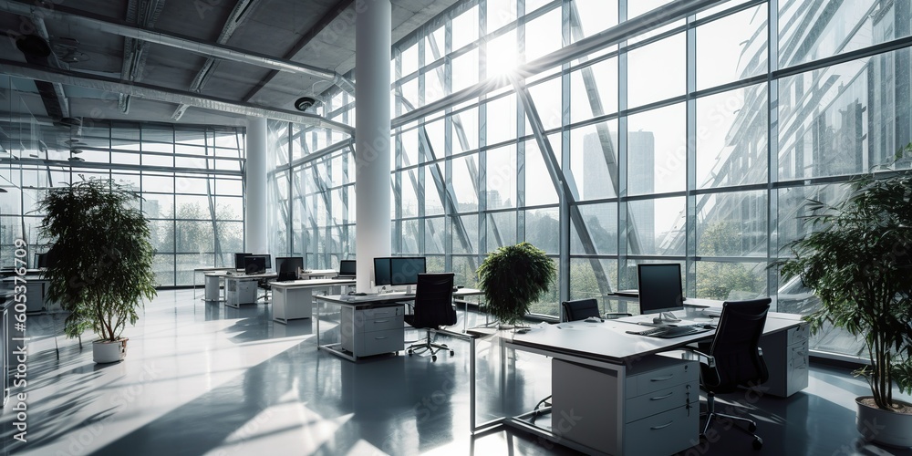 Modern office building interior with glass walls frames. Generative Ai Modern office building interior with glass walls frames. Generative Ai