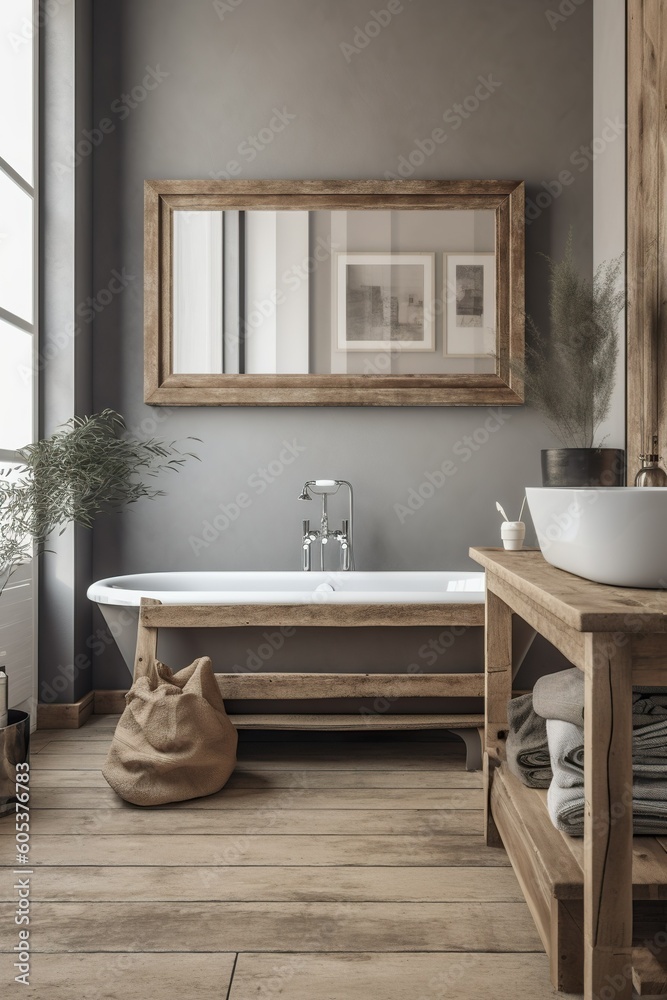 Fototapeta premium Beautiful bathroom , scandinavian style with floor plants and decorations. Generative Ai