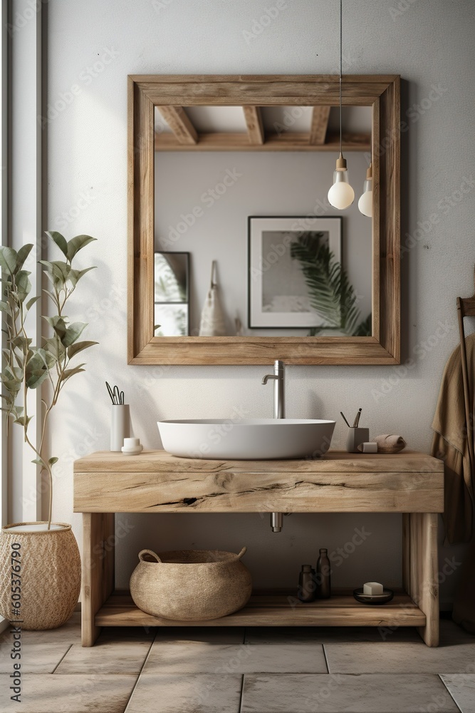 Beautiful bathroom , scandinavian style with floor plants and decorations. Generative Ai Beautiful bathroom , scandinavian style with floor plants and decorations. Generative Ai