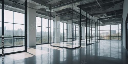 Modern office building interior with glass walls frames. Generative Ai