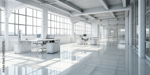 Modern office building interior with glass walls frames. Generative Ai © DigitalGenetics