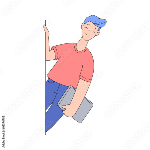 Smiling Man Character Looking Out of Corner with Tablet Vector Illustration