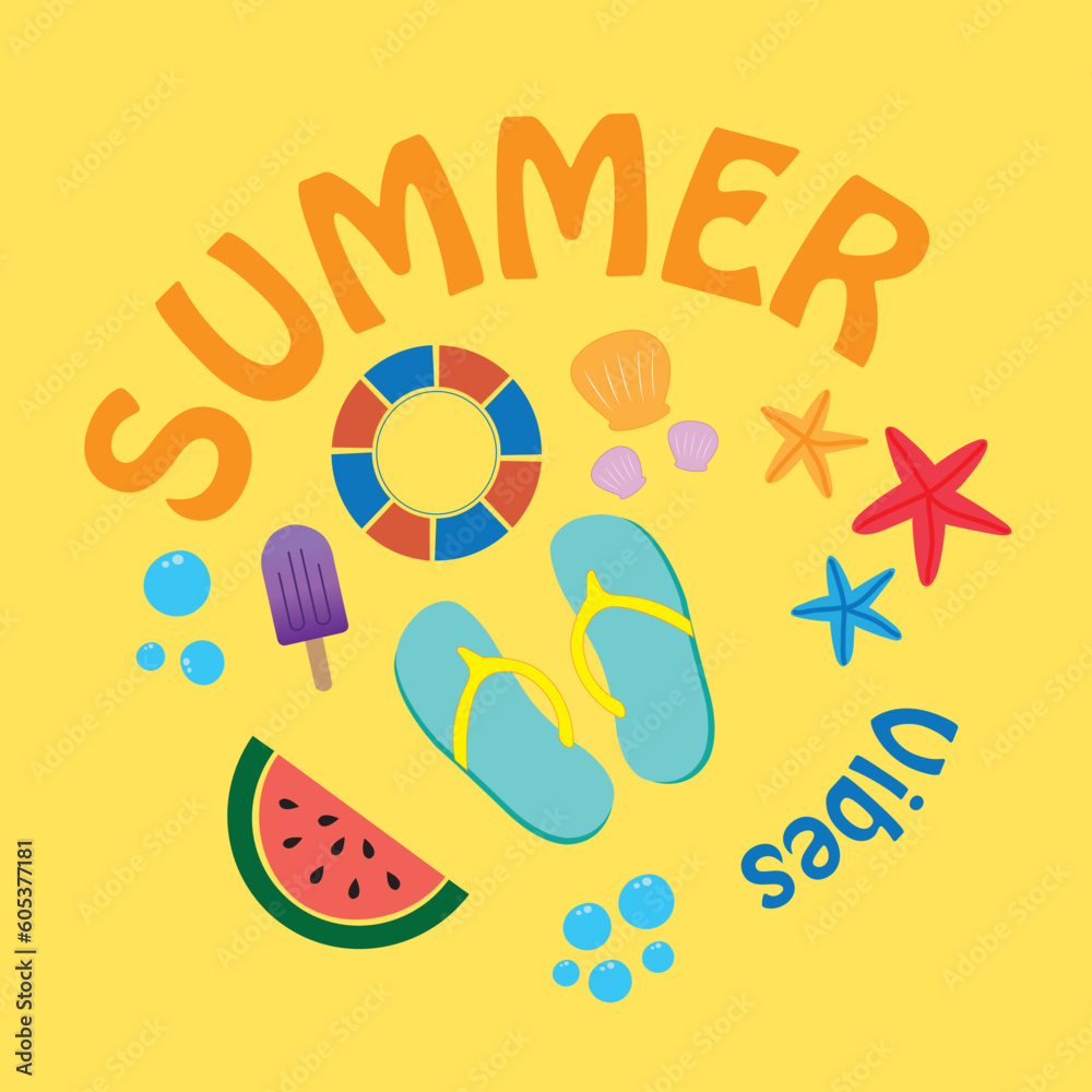 Banner de verano con accesorios para la playa de colores sobre un fondo amarillo brillante. Vista de frente y de cerca. Icono vector