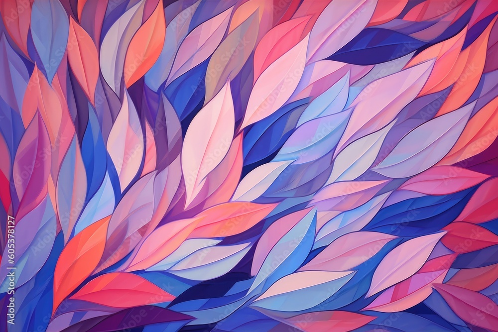 Beautiful background of an artistic abstract print of leaves in shades of purple, pink, and green. Generative AI