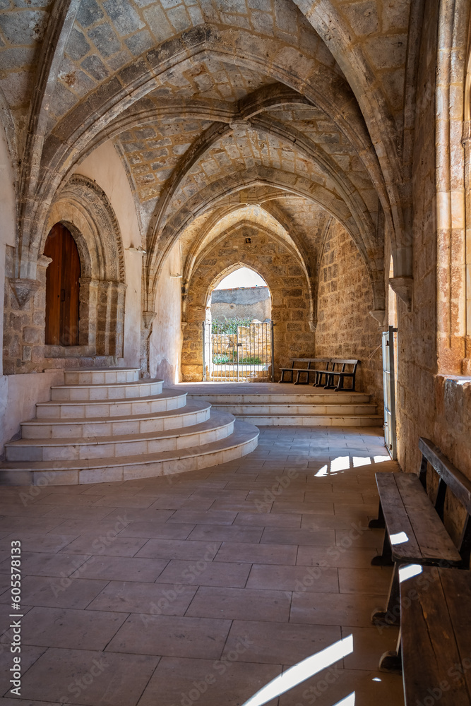 Entrance cloister to the medieval stone church of the picturesque village of Anento, Zaragoza.