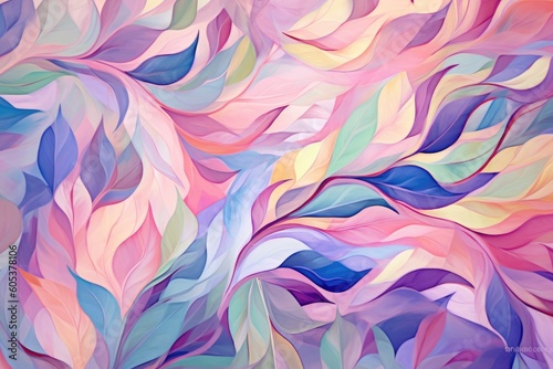 Beautiful background of an artistic abstract print of leaves in shades of purple, pink, and green. Generative AI