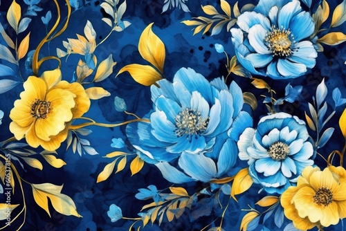 Beautiful blue and yellow floral wallpaper  in the style of luminous watercolors. Generative AI
