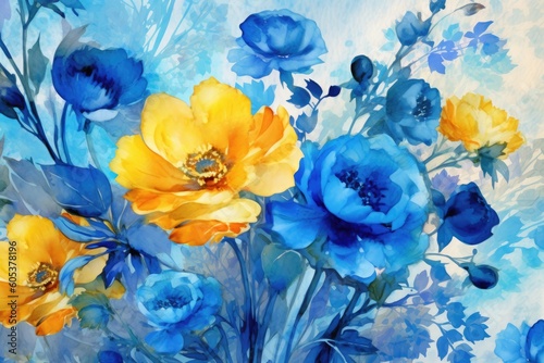 Beautiful blue and yellow floral wallpaper, in the style of luminous watercolors. Generative AI © Gelpi