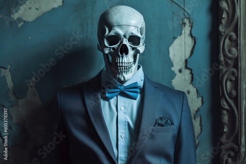 Gentleman skull with bow tie in a dark hallway, in the style of photorealistic urban scenes. Creative AI