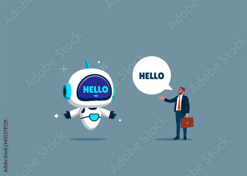 Robot with artificial intelligence and human greet each other. AI assistant support. Modern vector illustration in flat style