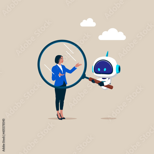 Robot with artificial intelligence holding magnifying glass zoom in business woman. Company staff recruitment concept. Modern vector illustration in flat style