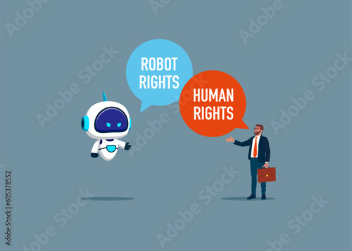 Rights Businessman versus cyborg with artificial intelligence. Flat vector illustration