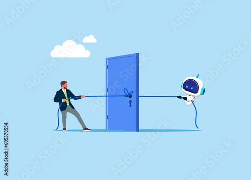 Businessman and cyborg with artificial intelligence pulling door with rope, struggles in market competition. Human versus artificial intelligence. Flat vector illustration
