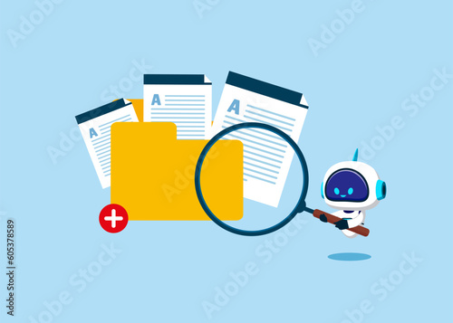 Robot with artificial intelligence holds magnifying glass and add files to big folder. Storage and indexing of information. User and data archive. Database, searching info. Flat vector illustration