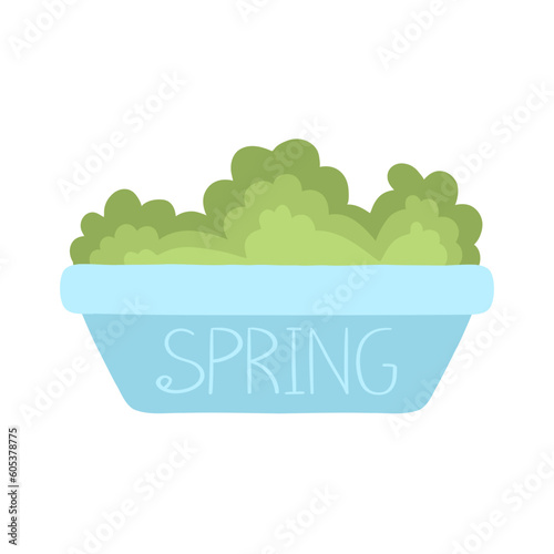 Bush in a pot. The inscription Spring on the pot. Plant in a flower bed. Spring came. Vector illustration in a flat style.
