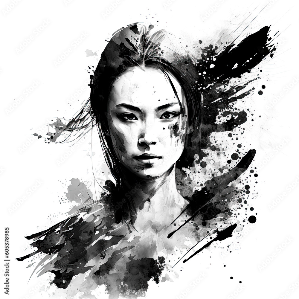Fototapeta premium Ink Painted Portrait of Beautiful Woman Black and White Graphic. Isolated on White Background