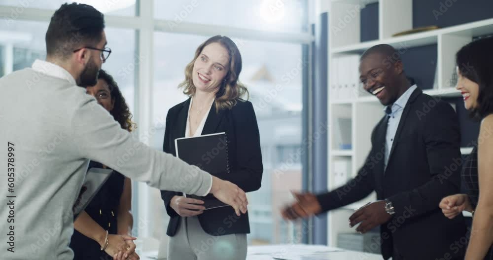Meeting, collaboration and welcome with business people shaking hands in the office during a corporate merger. Diversity, thank you or handshake for partnership with a man and woman employee group