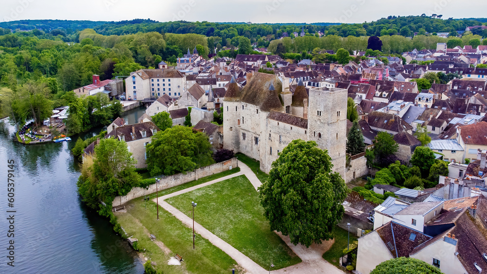 Aerial view of the medieval castle of Nemours in the town of the same name in the Loing valley south of Fontainebleau in the French department of Seine et Marne in the capital region of Ile de France