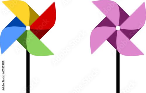 Set of Colorful Pinwheel or Spinning Windmill with Stick Symbol Icon. Vector Image.