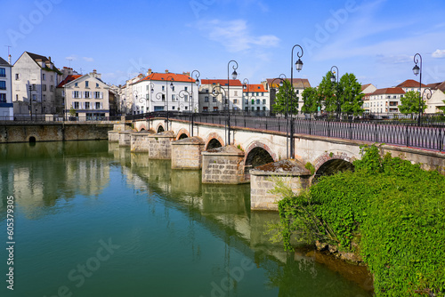 Market bridge spanning the Marne river in the city center of Meaux in Seine et Marne near Paris, France