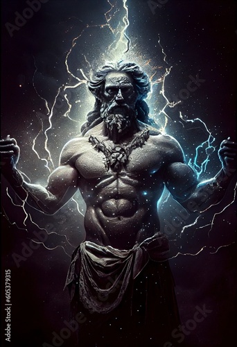 Mythological Greek god of darkness Erebus surrounded by the universe against a dark background. Primordial deity Erebos in place between earth and Hades. A powerful divine night entity. generative ai
