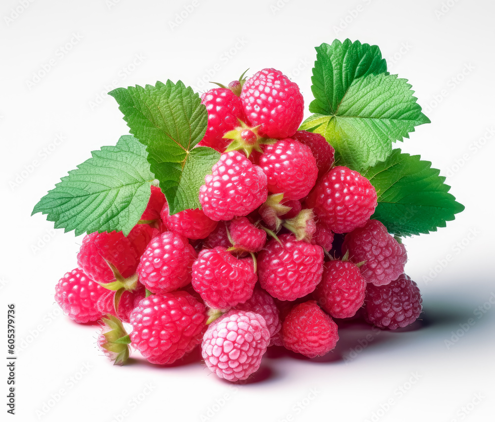 Pack of raspberry with leaves on white background. Generative Ai Illustration.
Pack of raspberry with leaves on white background. Generative Ai Illustration.