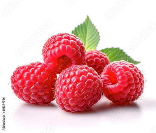 Pack of raspberry with leaves on white background. Generative Ai Illustration. 