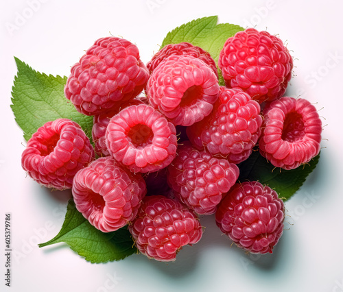 Pack of raspberry with leaves on white background. Generative Ai Illustration. 