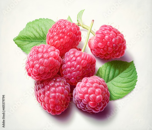 Pack of raspberry with leaves on white background. Generative Ai Illustration. 