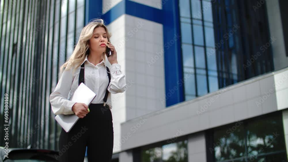Fashion leader business woman boss talking smartphone outdoor downtown city center office building Fashion leader business woman boss talking smartphone outdoor downtown city center office building