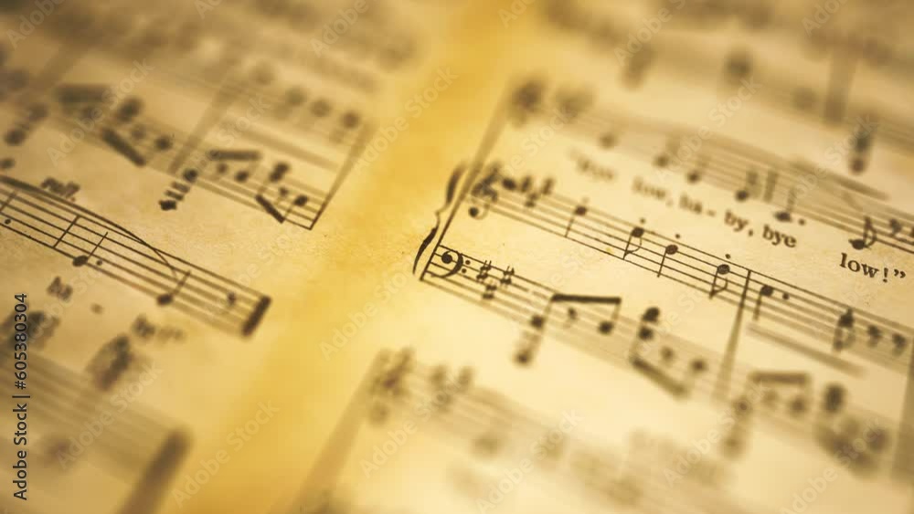 Vintage Music Partition Score Background/ 4k motion graphics of a vintage close up of old music partition notes on paper background with light wiggling and noise texture