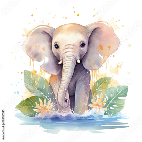 Watercolor little elephant isolated on transparent background. Generative AI