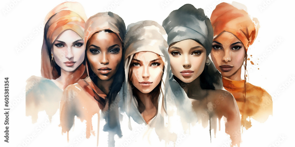 watercolor illustration of multiethnic beautiful woman together, ai generated