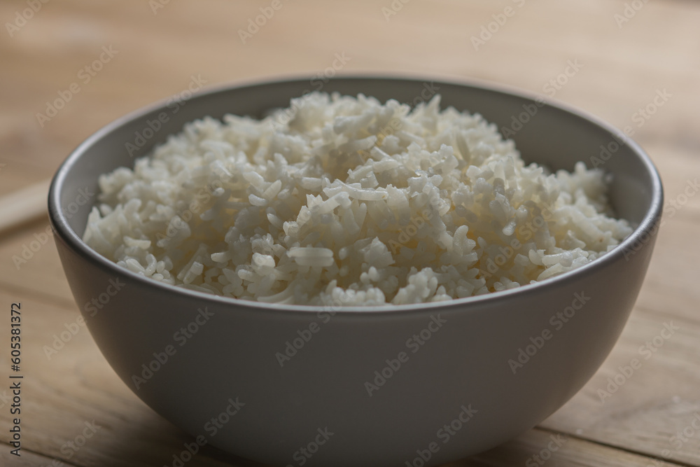 cooked rice on bowl on wooden background, Jasmine rice cooked cooked rice on bowl on wooden background, Jasmine rice cooked