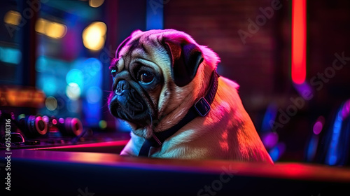 Photorealistic portrait of cute pug spending time in the nightclub, generative AI