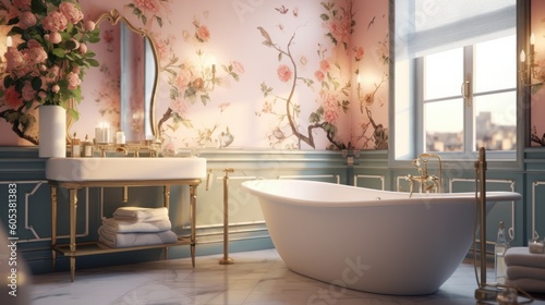 This image depicts a bathroom filled with chic sophistication  masterfully blended with serene  feminine floral designs - a true testament to modern  stylish interior d  cor.