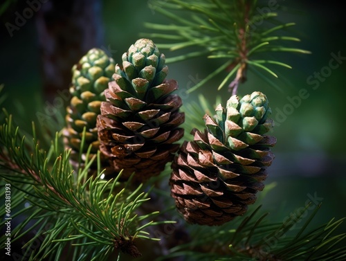 Pine cones in the forest. Selective focus. Created with Generative AI technology.