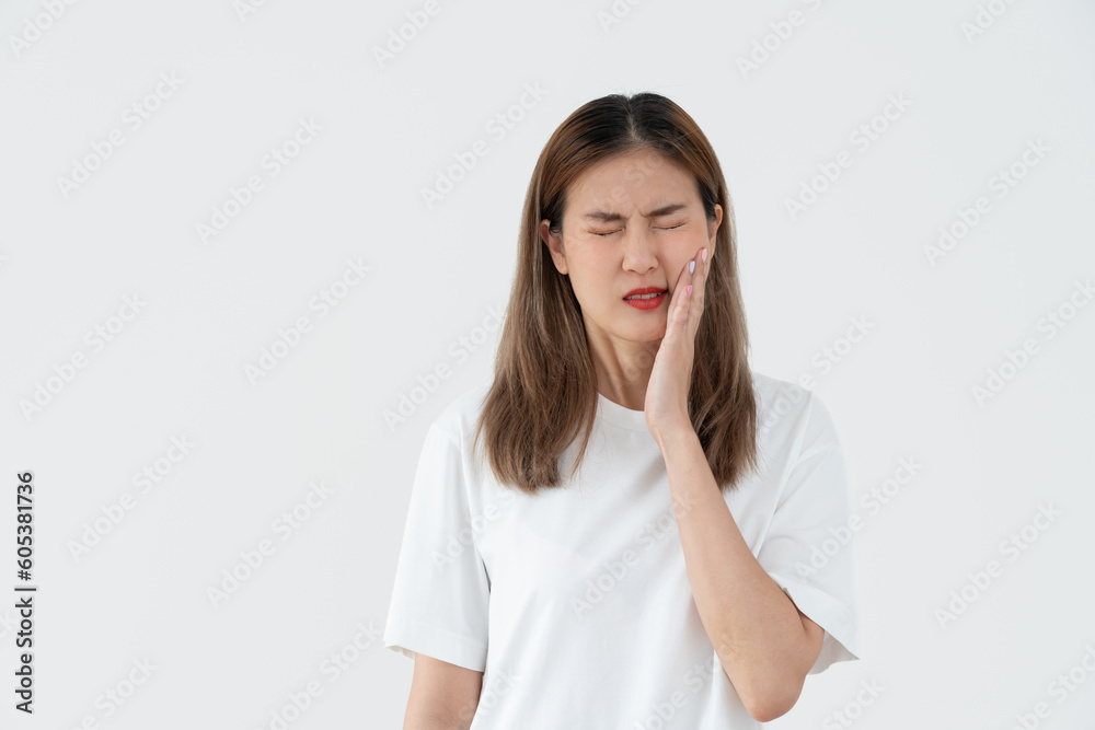 Asian woman feel toothache from gingivitis, female suffer tooth, decay problems, dental care. sensitive tooth, decay problem, bad breath, Gingival Recession, Oral Hygiene instruction, tooth extraction Asian woman feel toothache from gingivitis, female suffer tooth, decay problems, dental care. sensitive tooth, decay problem, bad breath, Gingival Recession, Oral Hygiene instruction, tooth extraction