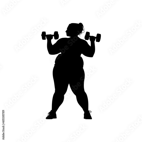 Vector illustration. Silhouette of a fat girl with dumbbells in her hands. Slimming. Healthy lifestyle.