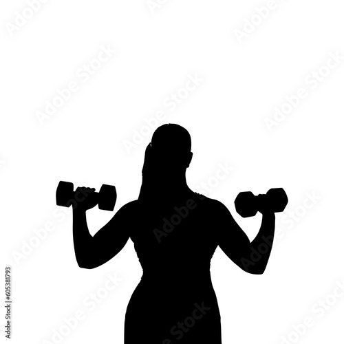 Vector illustration. Silhouette of a fat girl with dumbbells in her hands. Slimming. Healthy lifestyle.
