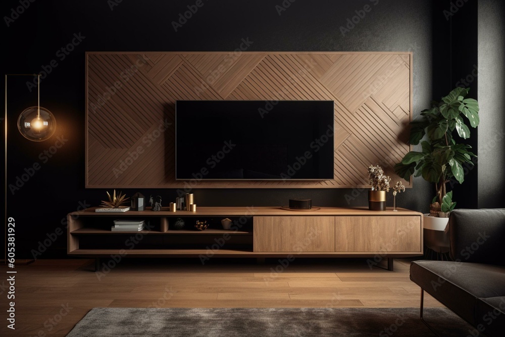 Modern TV cabinet with blank screen mounted on dark wall in minimalist living room. Generative AI