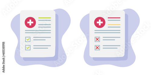 Lab test check up medical report bad good icon vector flat cartoon graphic illustration set, healthcare exam form, wellness and illness, patient record diagnosis, insurance document certificate
