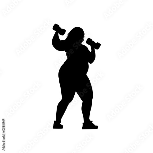 Vector illustration. Silhouette of a fat girl with dumbbells in her hands. Slimming. Healthy lifestyle.