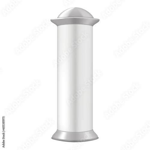 Pop-up pillar display realistic vector mockup. Trade show tower mock-up. White blank banner column stand. Template for design