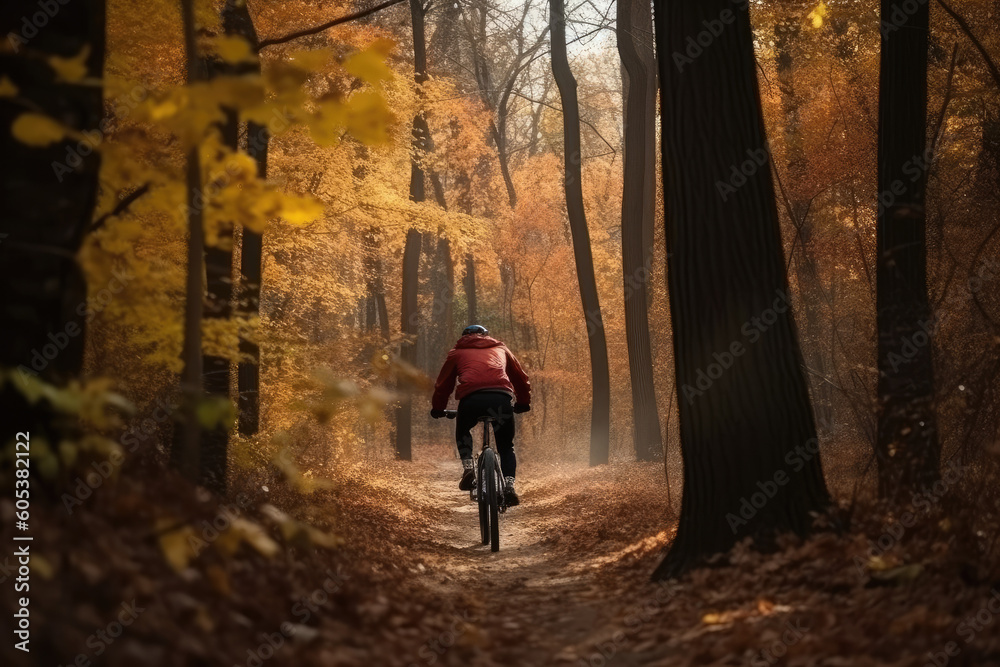 Ein Mann fährt durch den Herbstwald Fahrrad, Generative AI