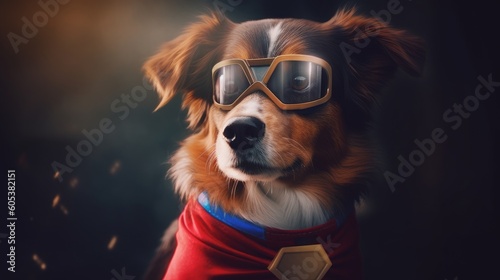 A playful scene of a dog in a superhero cape and sunglasses, exuding style and bravery. Generated by AI. © qntn