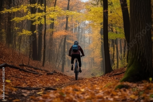Ein Mann fährt durch den Herbstwald Fahrrad, Generative AI photo