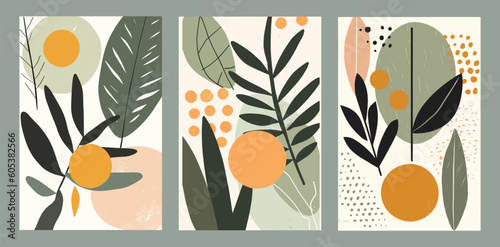 Contemporary Art Poster Collection with Pastel Colors, Abstract Geometric Elements, Leaves and Berries, Olives, Tangerines. Perfect for Social Media, Postcards, Print Design.