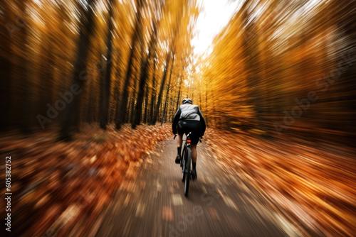 Ein Mann fährt durch den Herbstwald Fahrrad, Generative AI